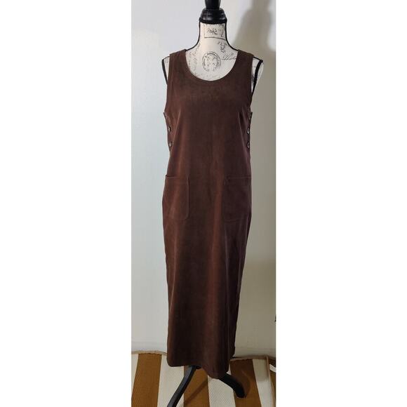 Vintage Talbots Brown Fall Pinafore Midi Dress Sz S Sleeveless Side Buttons Y2K - Picture 1 of 8
